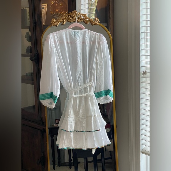 NWT Taj by Sabrina Crippa OLIVIA WRAP Ruffle DRESS in White and Teal - Picture 10 of 12